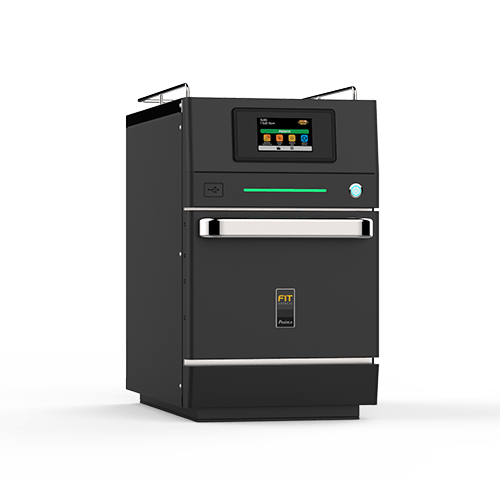 A black oven with a touchscreen display on a white background.