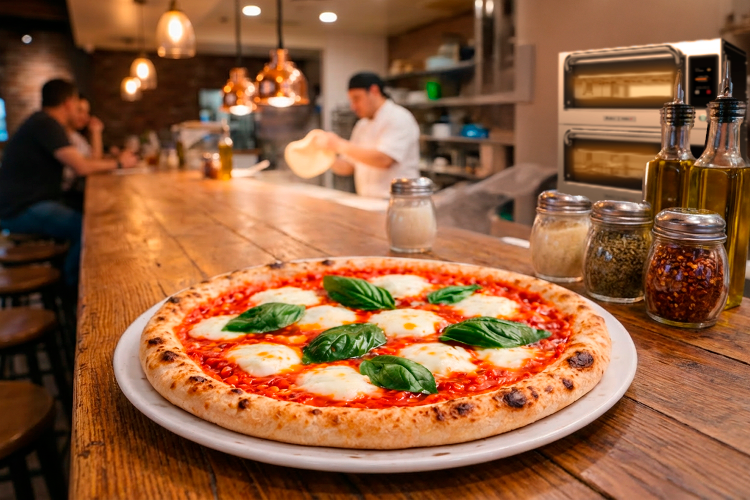 Neapolitan Margherita pizza on a white plate over a wooden counter, with tomato sauce, melted cheese