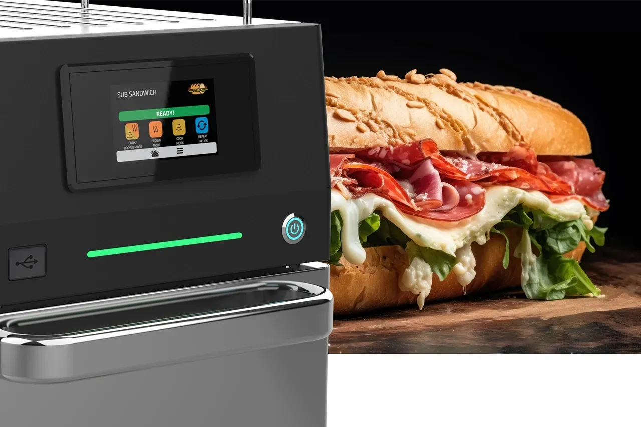 Close-up of Prática’s FIT Express Speed Oven control panel with a sandwich in the background