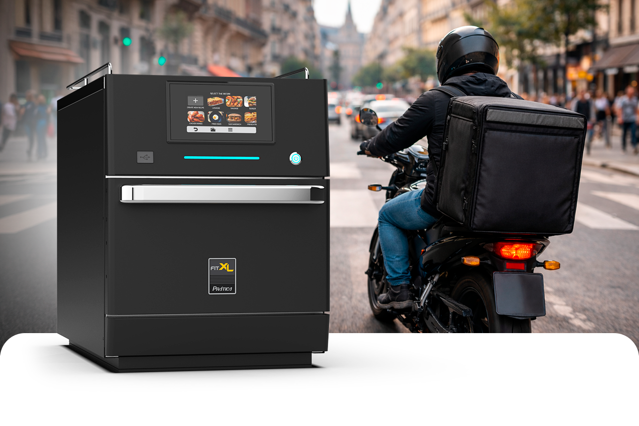Prática FIT XL Speed Oven in the foreground with a motorcycle delivery rider carrying a thermal back