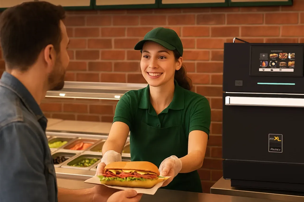 Attendant serving a sandwich, Prática Fit Express oven in the background