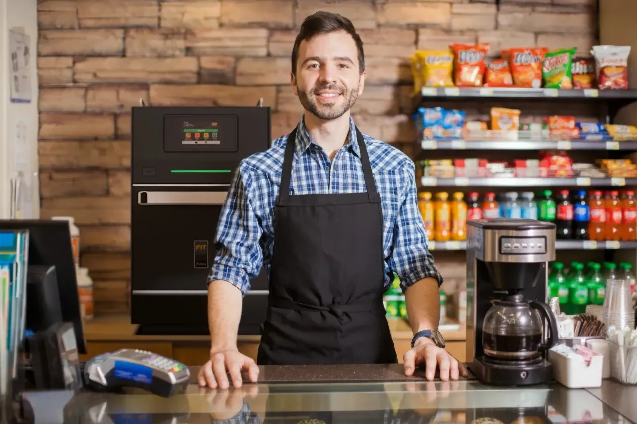 Young entrepreneur behind the counter in a café, with Prática's Fit Express Speed Oven 