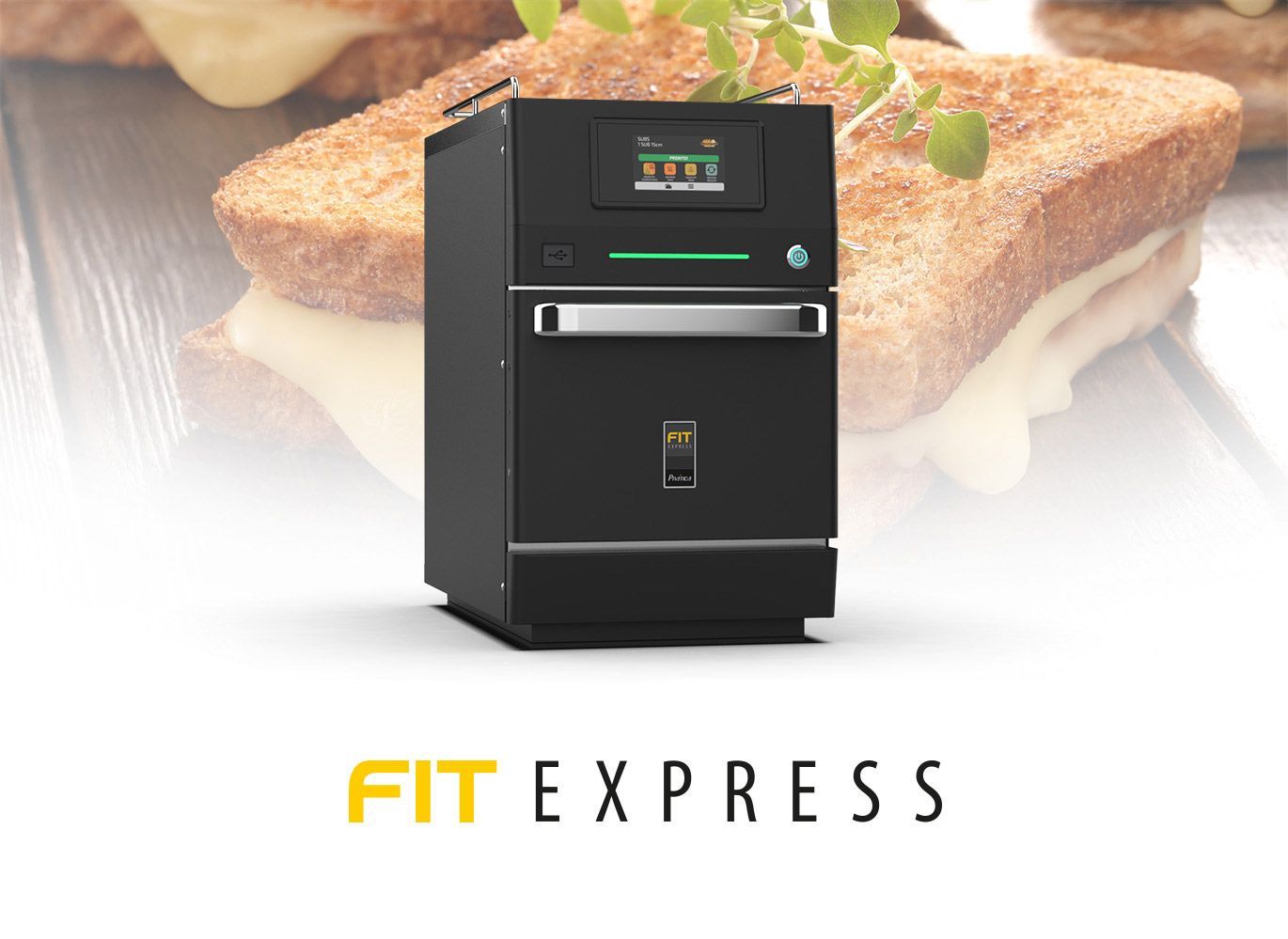 An advertisement for a fit express oven with a sandwich in the background