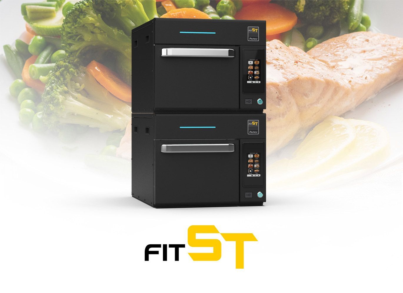 A picture of a stack of fitst ovens with a plate of food in the background