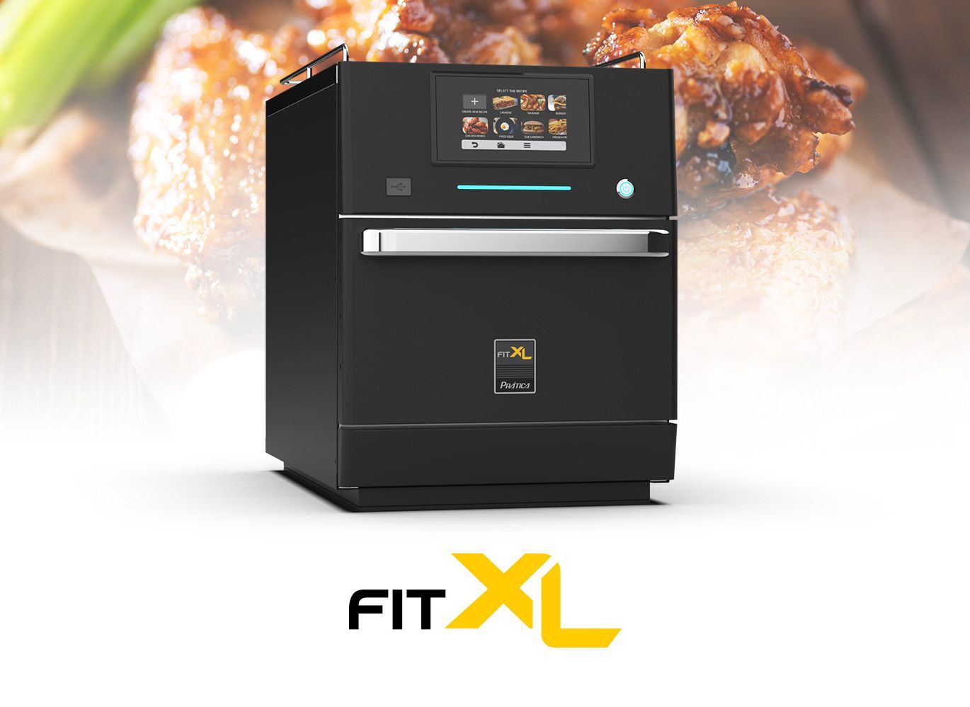 An advertisement for a fit xl oven with a picture of food in the background