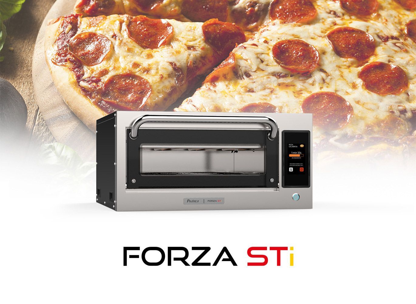 A forza sti oven with a pepperoni pizza in the background