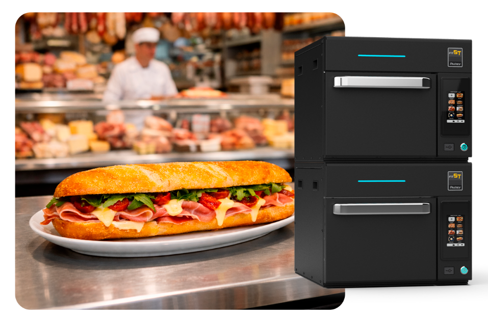 Prática's rapid cook ovens in a supermarket deli background and sandwich
