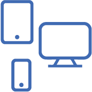 Blue icons: tablet, smartphone, and desktop computer, representing cross-platform compatibility.