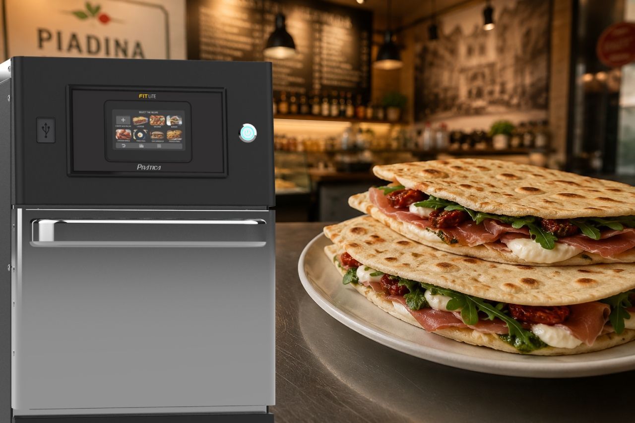 Alt text: Prática FIT LITE Speed Oven beside freshly prepared Italian piadina sandwiches