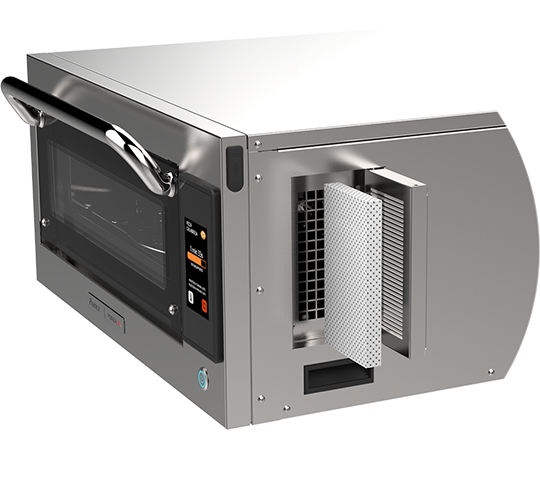 A stainless steel microwave oven with the door open