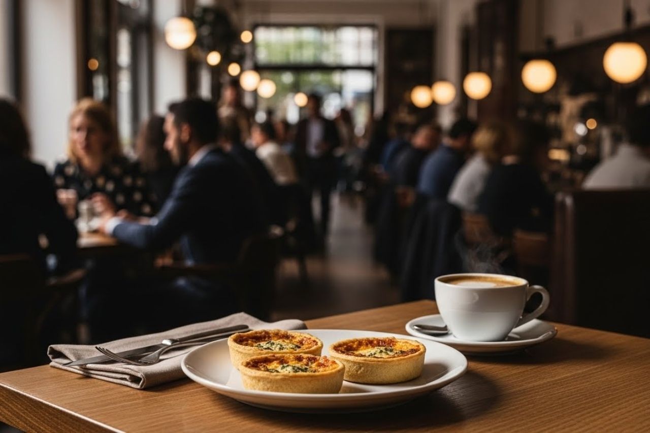Warm savoury snacks served with coffee in a busy café setting