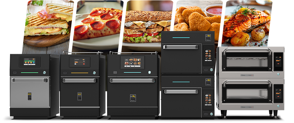 Commercial ovens with cooked food samples: sandwiches, pizza, subs, nuggets, and fish.
