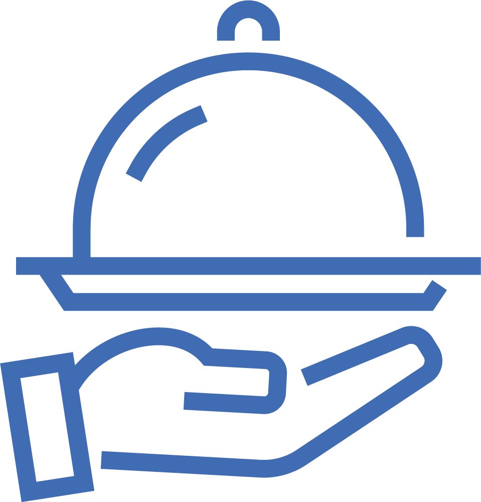 Blue hand holding a covered serving dish.