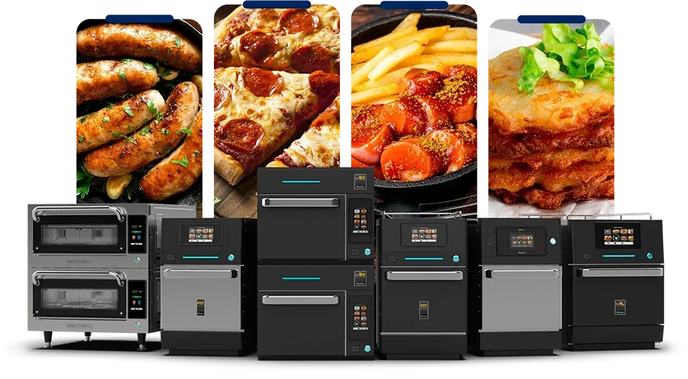 Commercial ovens with cooked food samples: sandwiches, pizza, subs, nuggets, and fish.