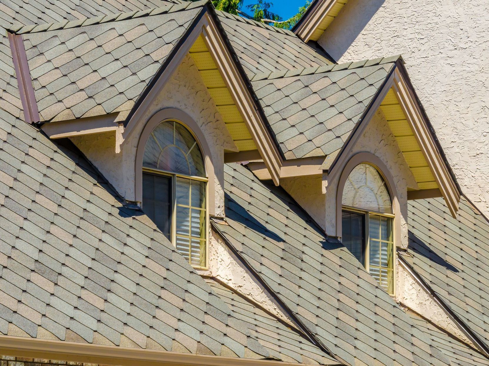 Dormers with arched windows on a shingled roof; light brown trim, sunny day.