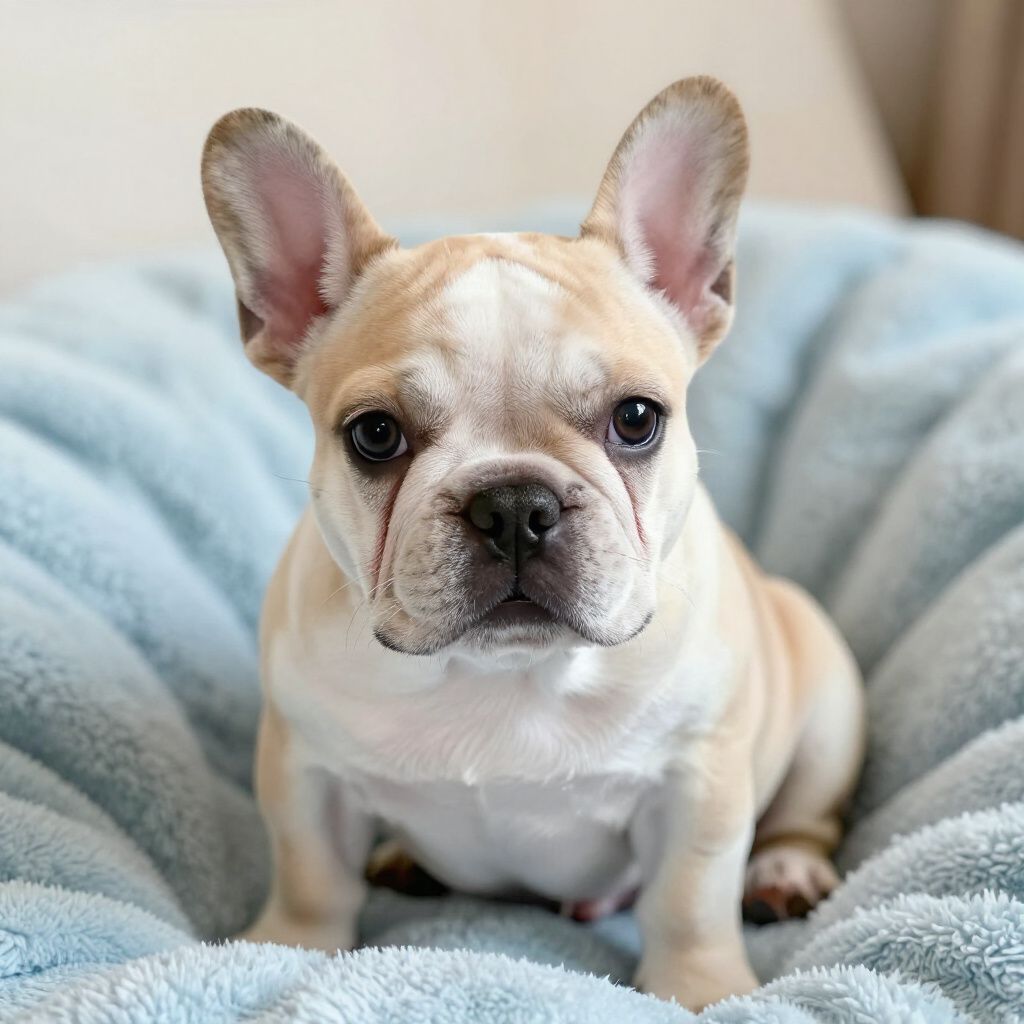 Cream-colored French bulldog sitting on a light blue blanket, looking directly at the camera.