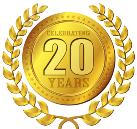 Gold “Celebrating 20 Years” laurel wreath emblem on a white background