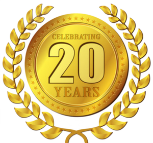 Gold “Celebrating 20 Years” laurel wreath emblem on a white background