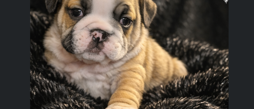Close-up of a tan and white bulldog puppy resting on a black fuzzy blanket