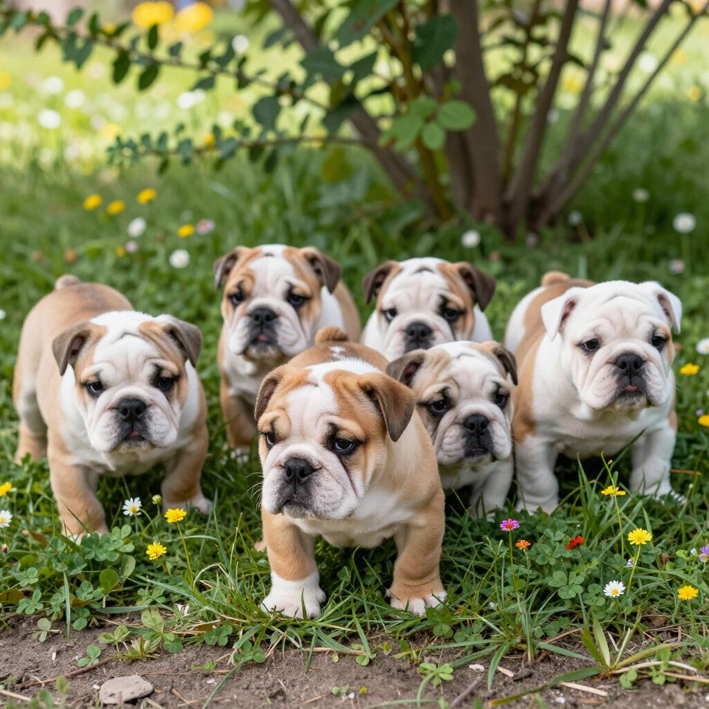 Six bulldog puppies sitting and standing in a grassy garden