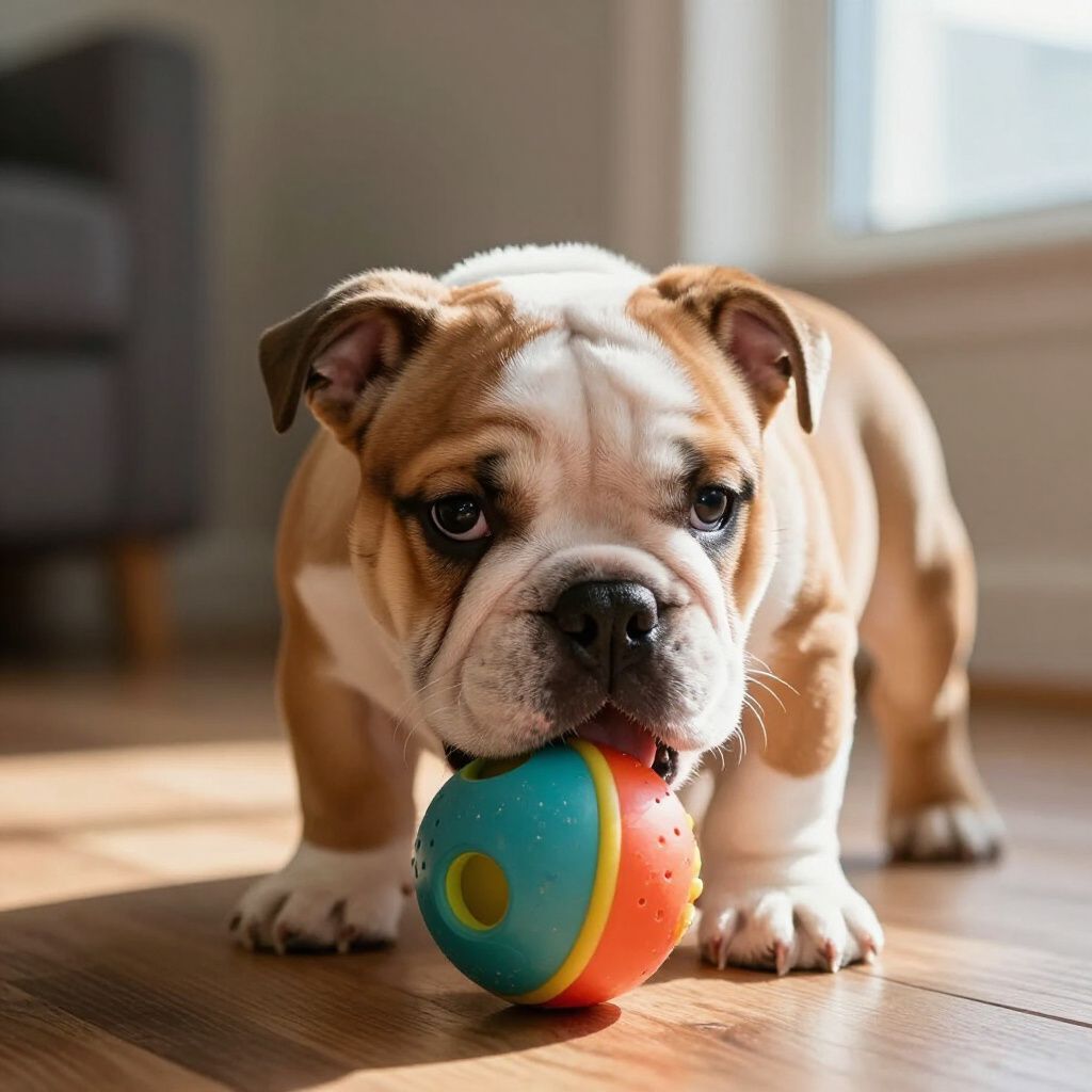Bulldog puppy chewing a colorful ball on a wooden floor in sunlight