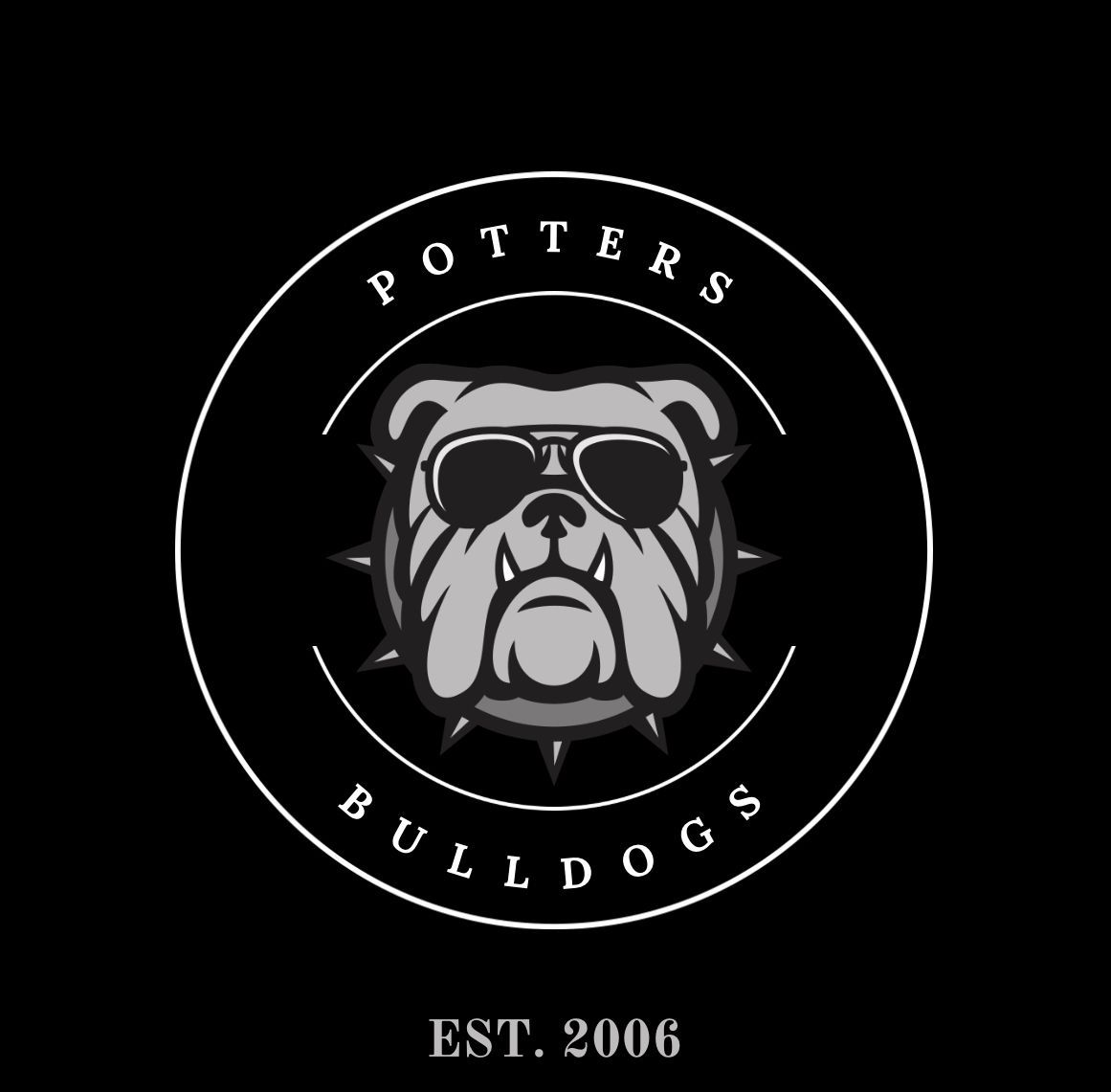 Potters Bulldogs logo with bulldog in sunglasses and text “EST. 2006” on black background
