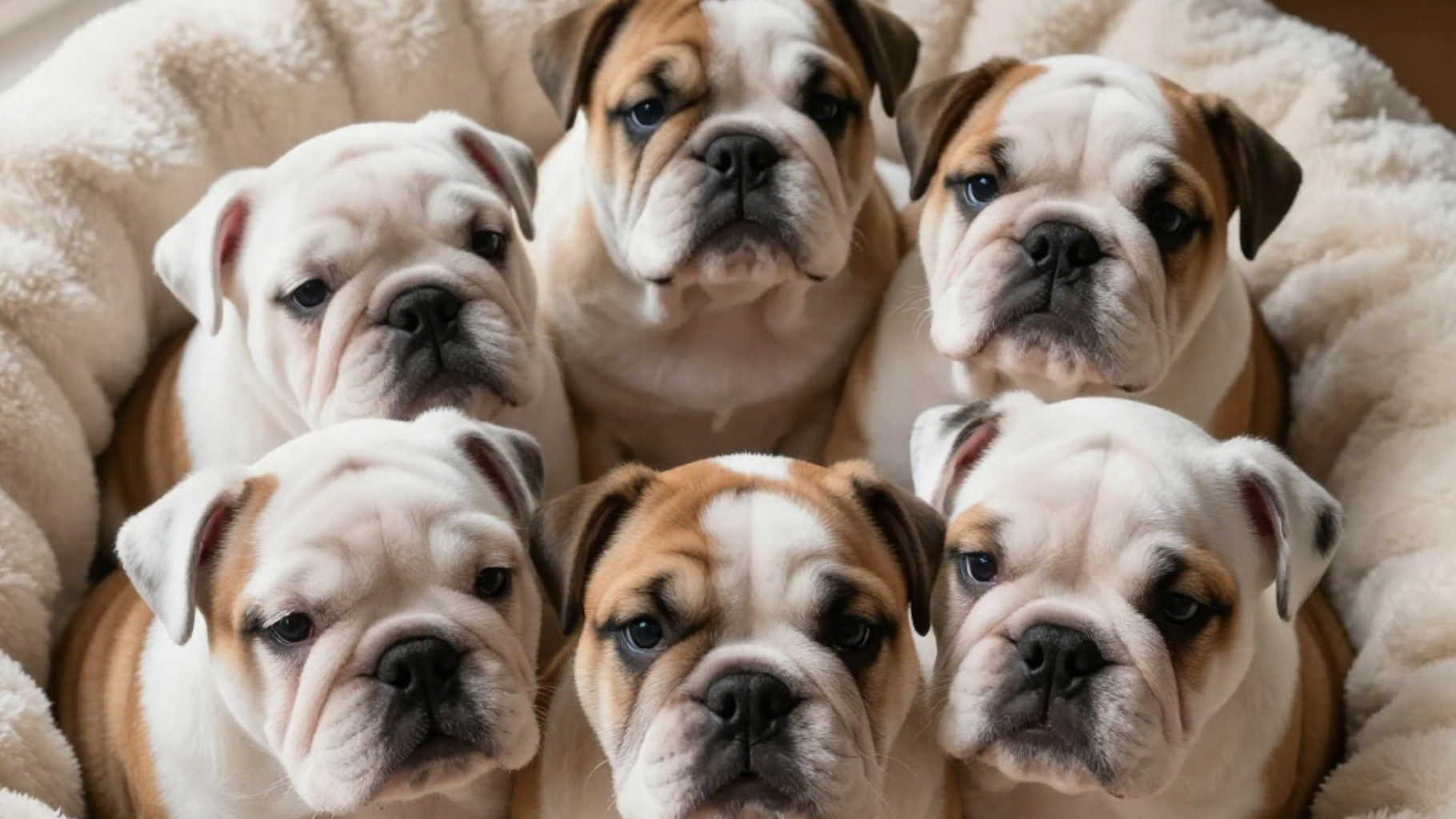 Six bulldog puppies cuddled together on a soft blanket, facing the camera.