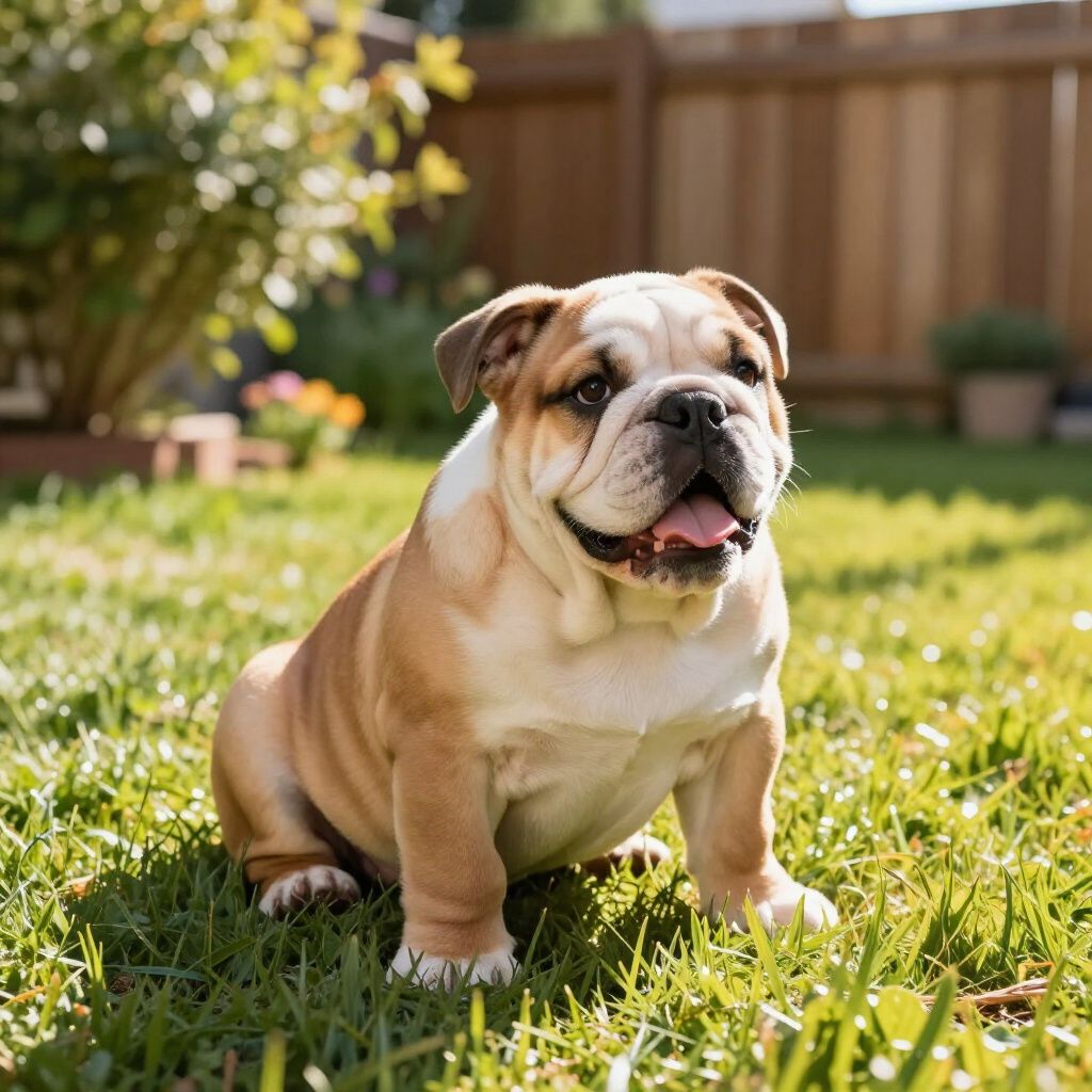 Bulldog sitting on green grass in a sunny backyard, mouth open and looking alert