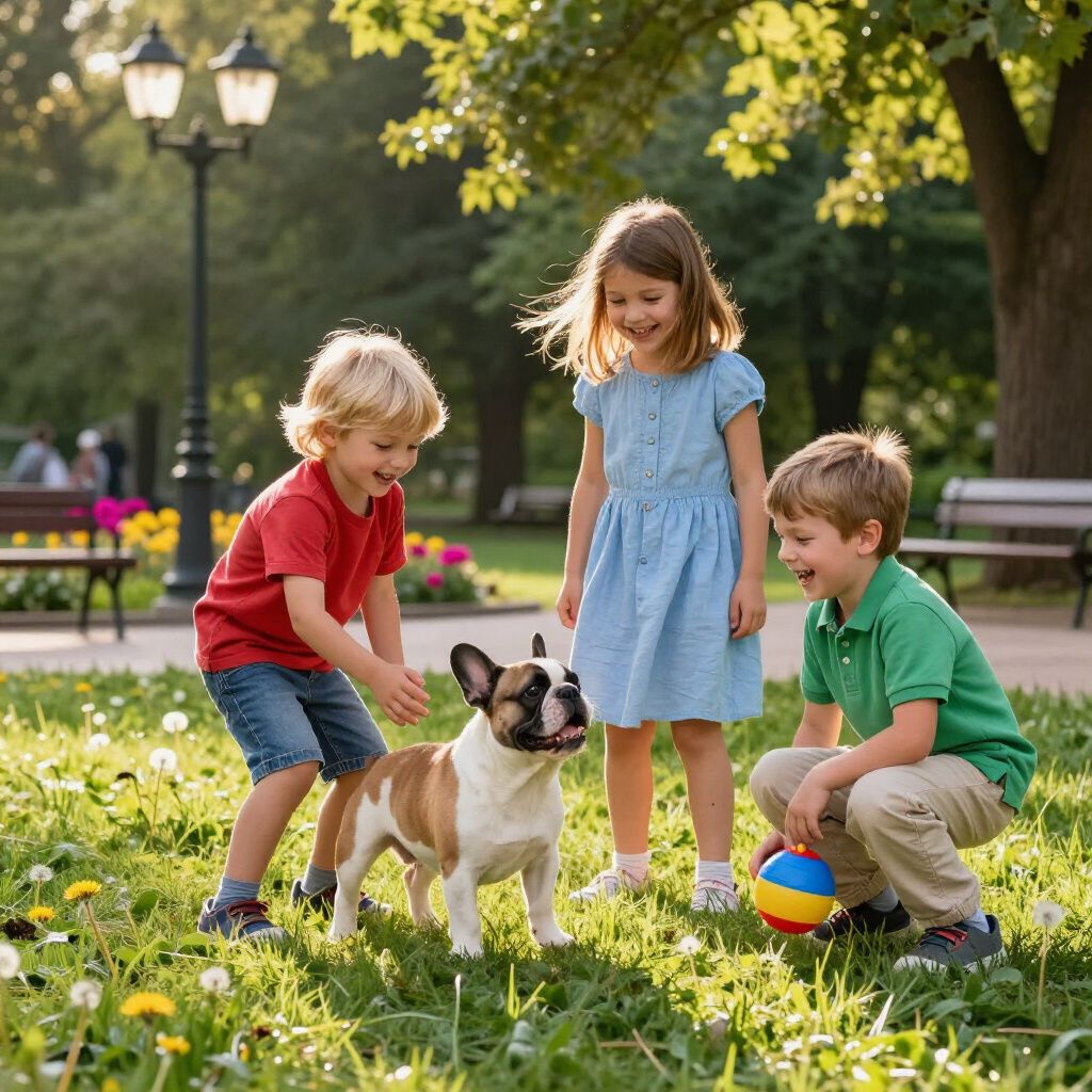 Three children play with a French bulldog in a sunny park, with a colorful ball nearby.