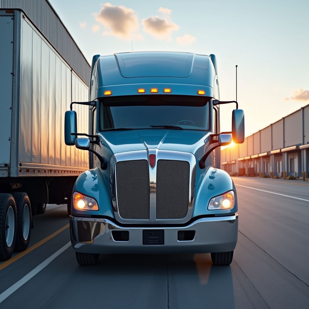 Blue semi-truck driving on a road with a trailer attached, sunset in the background.