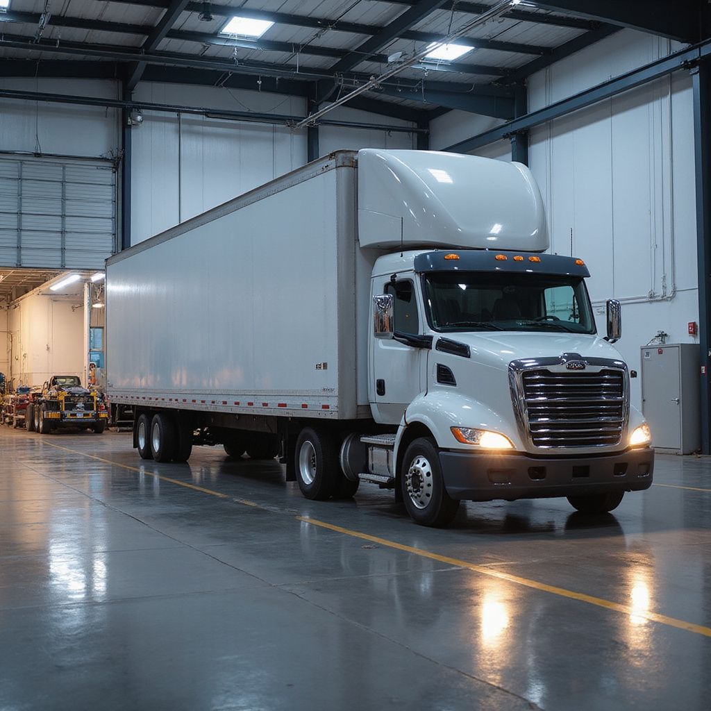 White semi-truck inside a warehouse, traveling on a yellow line.