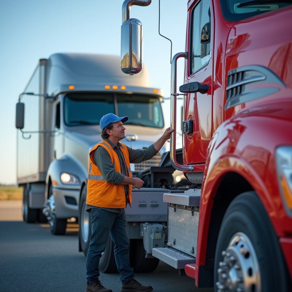 Truck driver in orange vest checking a red truck, another truck in the background, daytime.