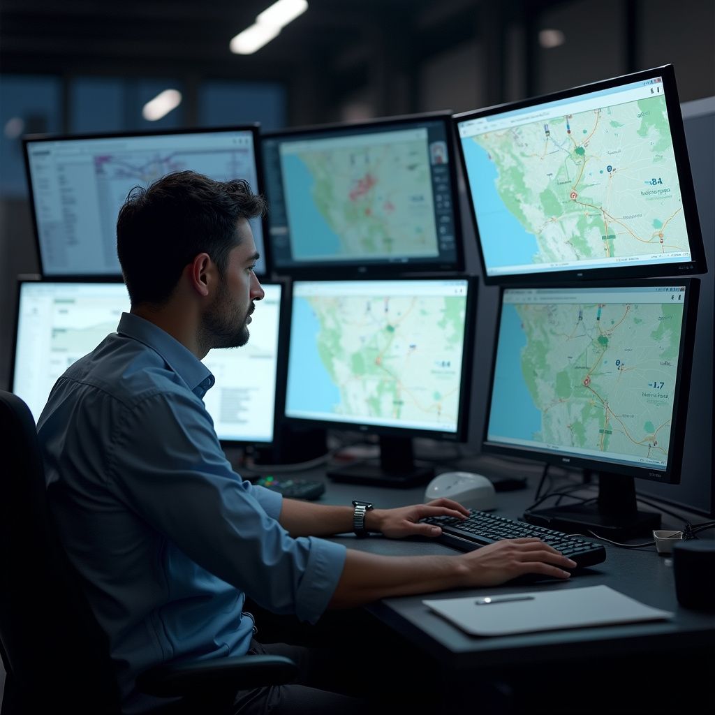 Man monitoring several computer screens with maps in a control room.