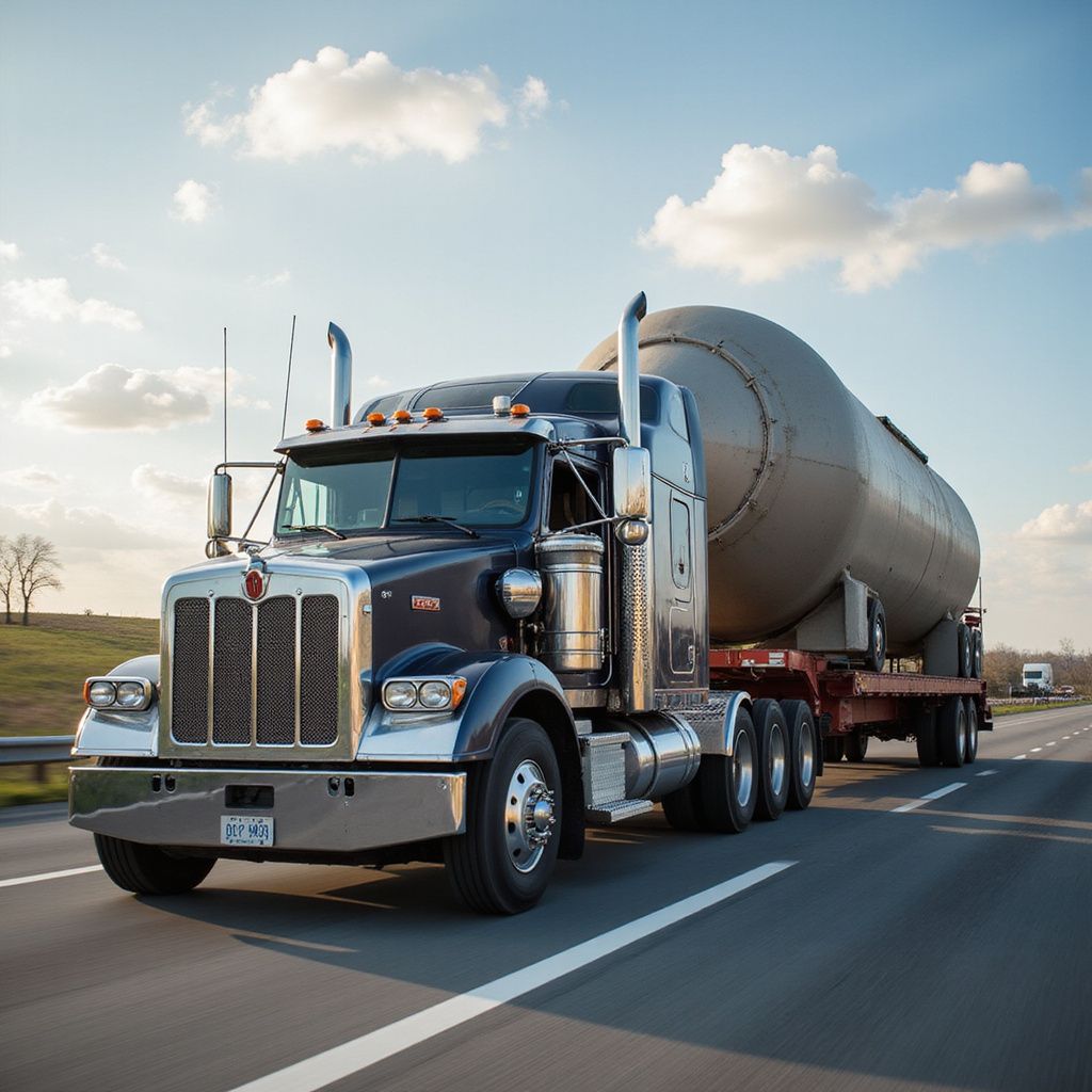 Semi-truck hauling large, cylindrical cargo tank driving on a highway.