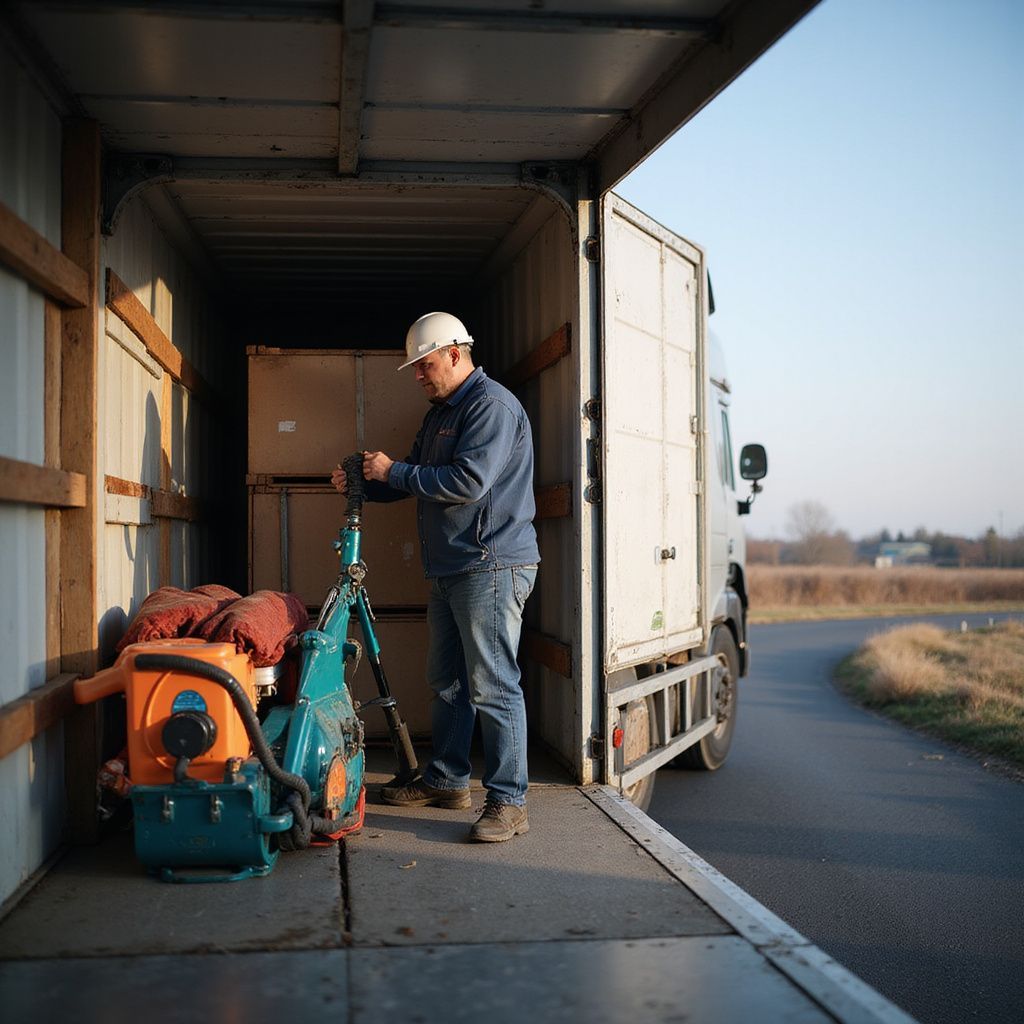 Man in hard hat loading equipment into a truck on a sunny day.