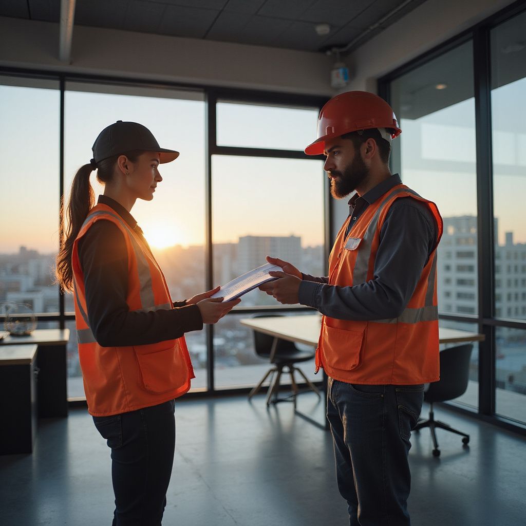 Two construction workers, one in a hard hat, exchange a tablet in an office.
