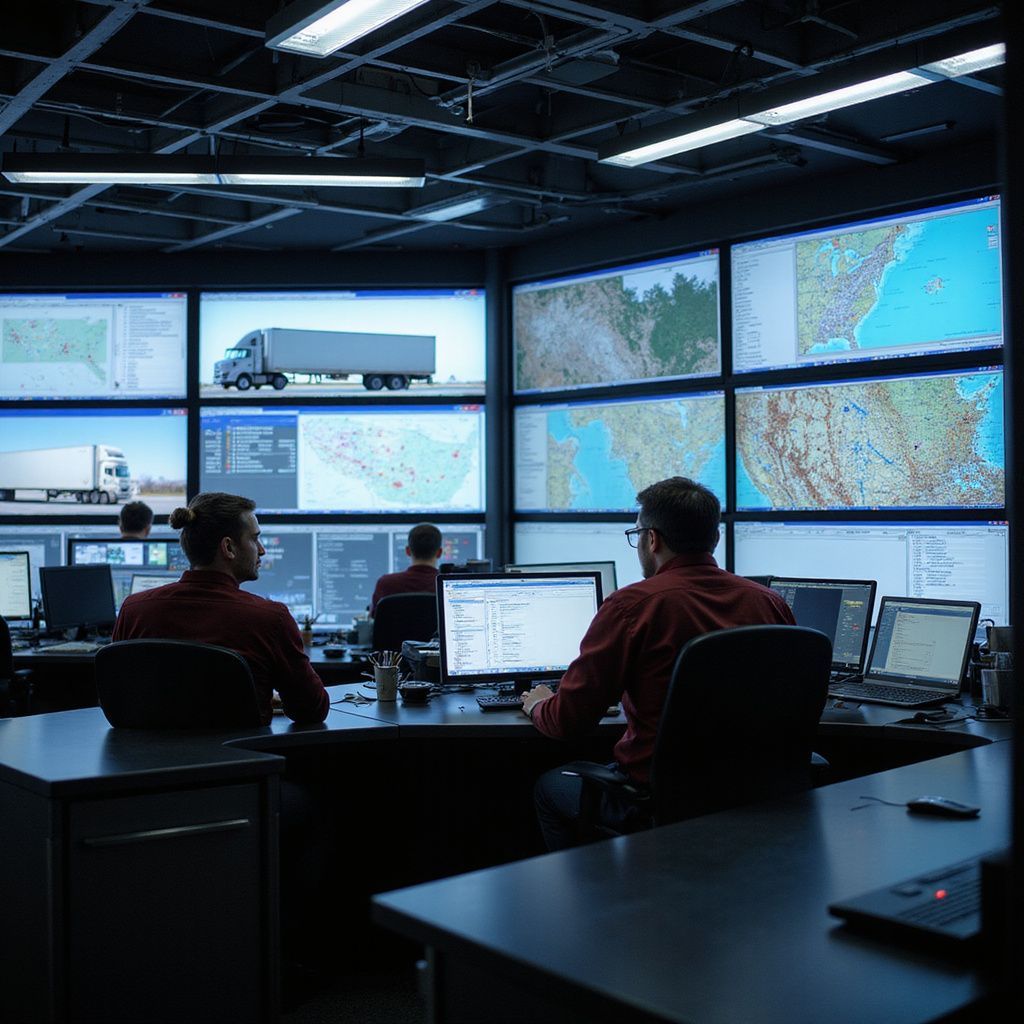 People monitor screens in a dark control room. Displays show maps and truck illustrations.