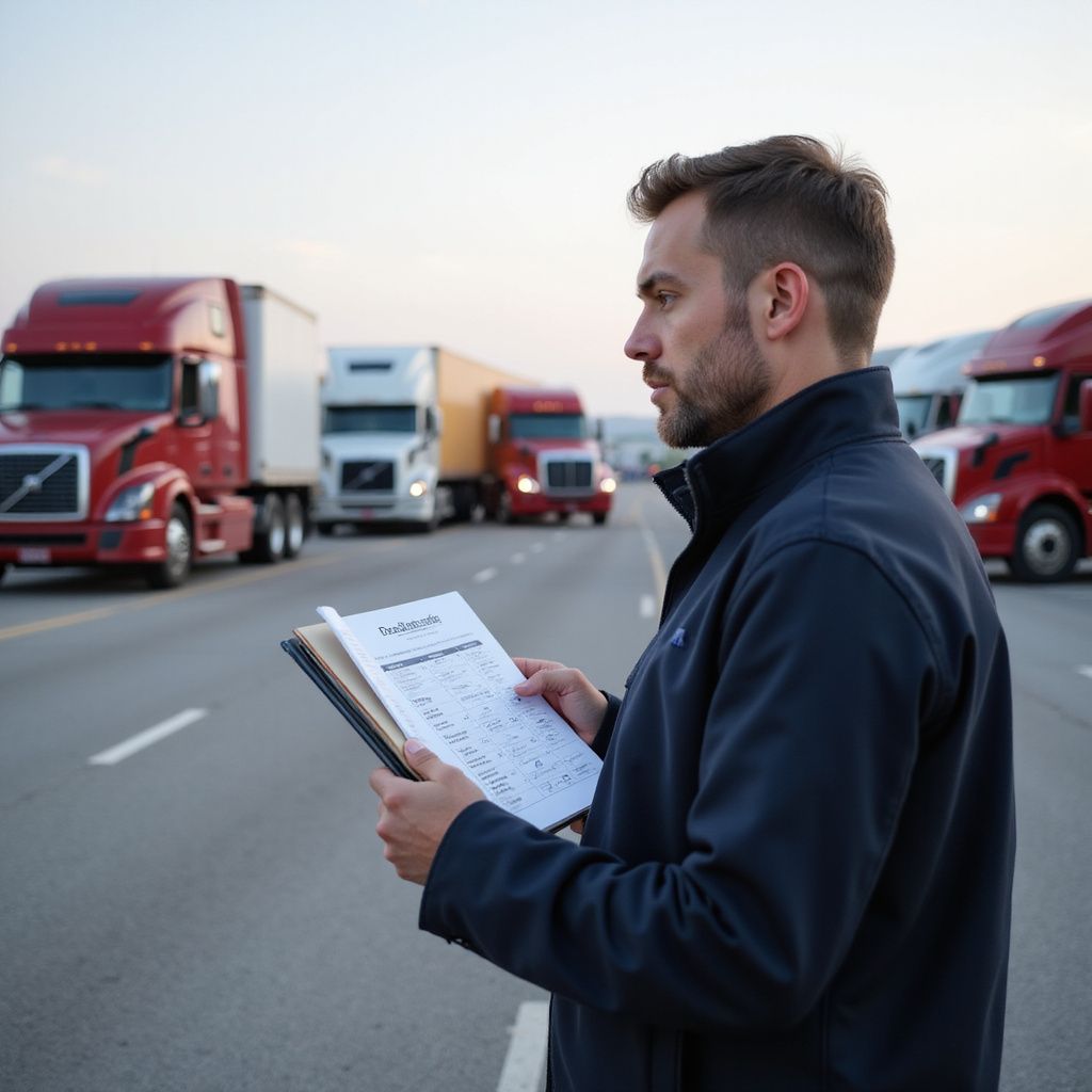Man in jacket reads a clipboard on highway with semi-trucks in the background.