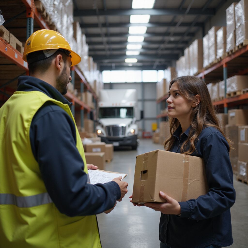 Warehouse worker with clipboard talks to woman holding a box, truck in background. Shelves of boxes.
