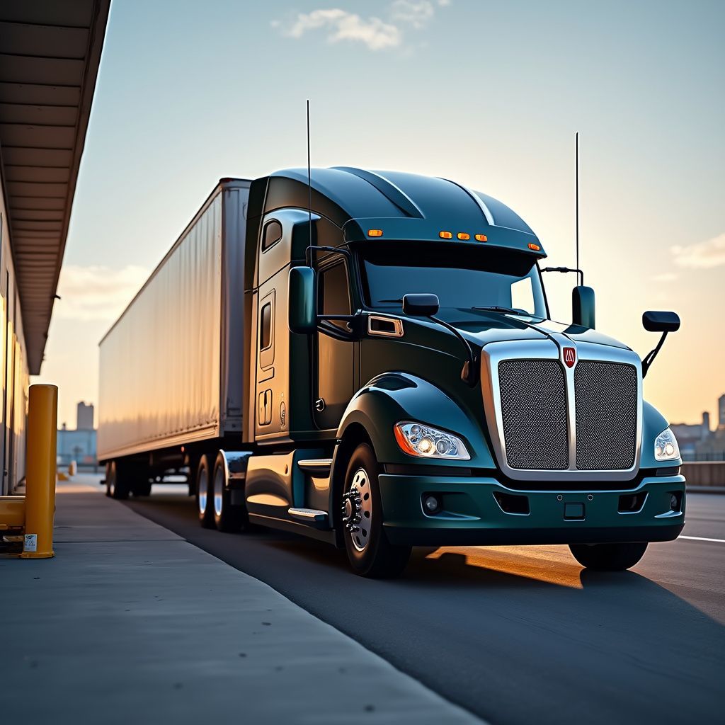 Green semi-truck and trailer parked beside a warehouse at sunset.