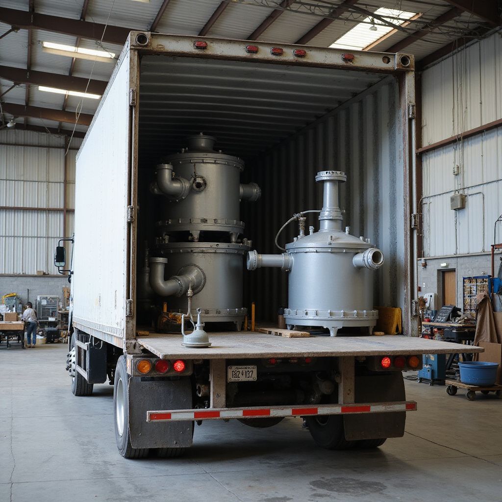 Three large industrial tanks inside a truck container, ready for transport.