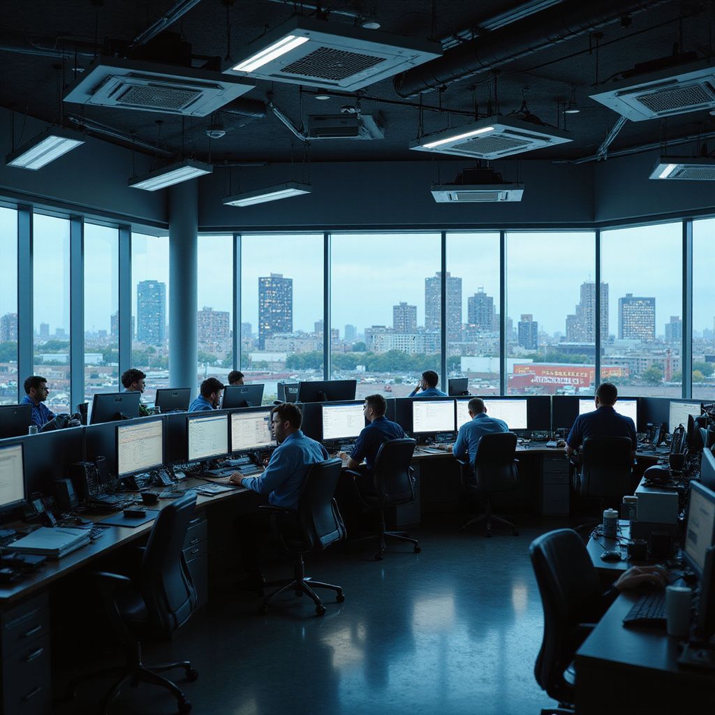 Office interior with people working at computers, overlooking a cityscape through large windows.