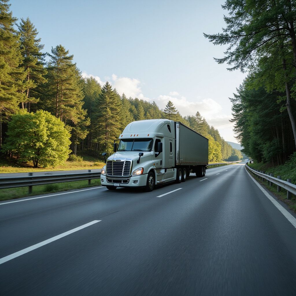 White semi-truck driving on a highway lined with trees and guardrails on a sunny day.