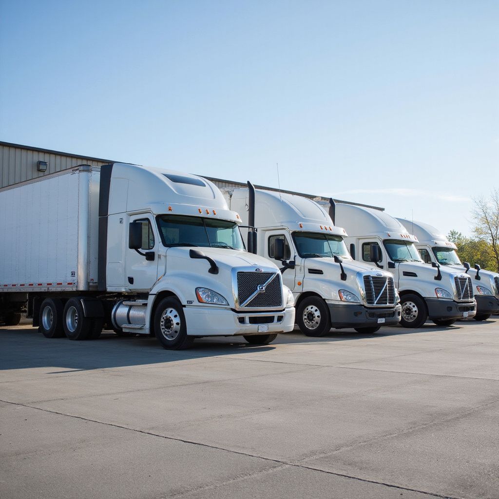 Semi-trucks parked in a row, white cabs and trailers, on an asphalt lot in front of a building, clear sky.