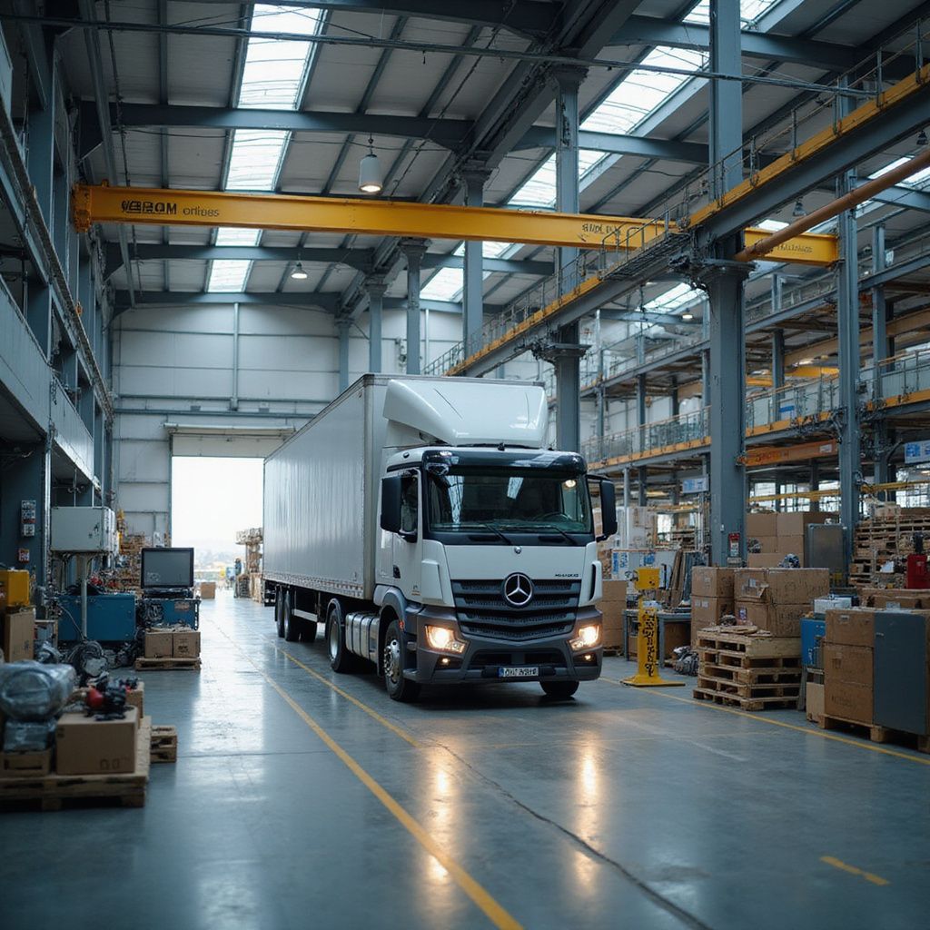 Truck driving inside a warehouse, approaching an open door. Bright lighting illuminates the interior.