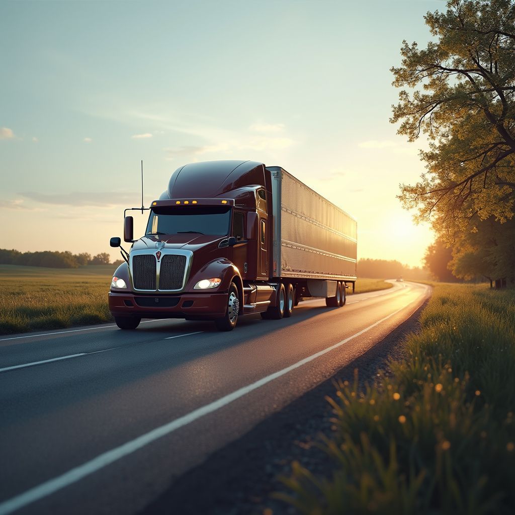 Semi-truck on a rural road at sunset, with a golden glow and green fields.