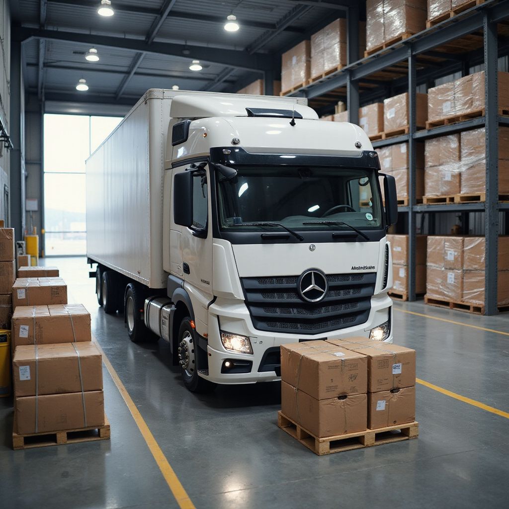 White semi-truck loading at a warehouse dock, surrounded by stacked boxes on pallets.