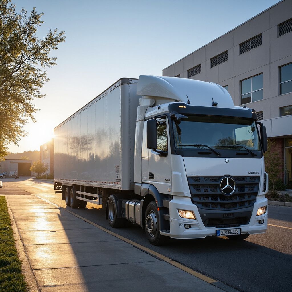 White Mercedes semi-truck driving on a road next to a building. Sun shining on the truck.