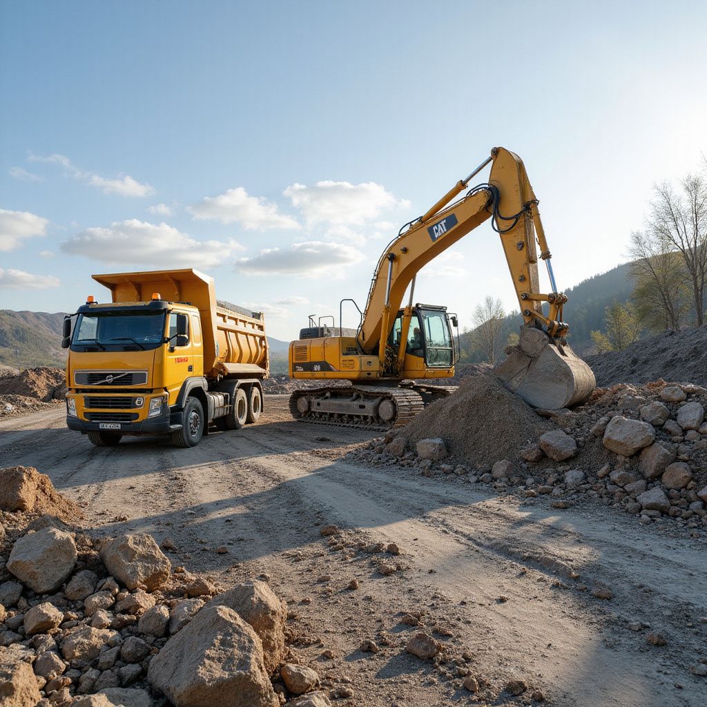 Yellow excavator loading a yellow dump truck with dirt at a construction site.