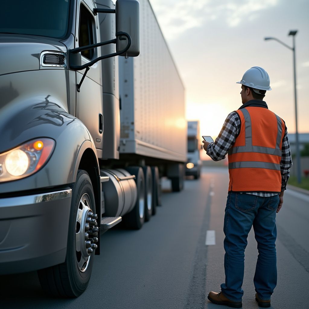 Person in safety vest and hardhat using a tablet near a semi-truck on a road.